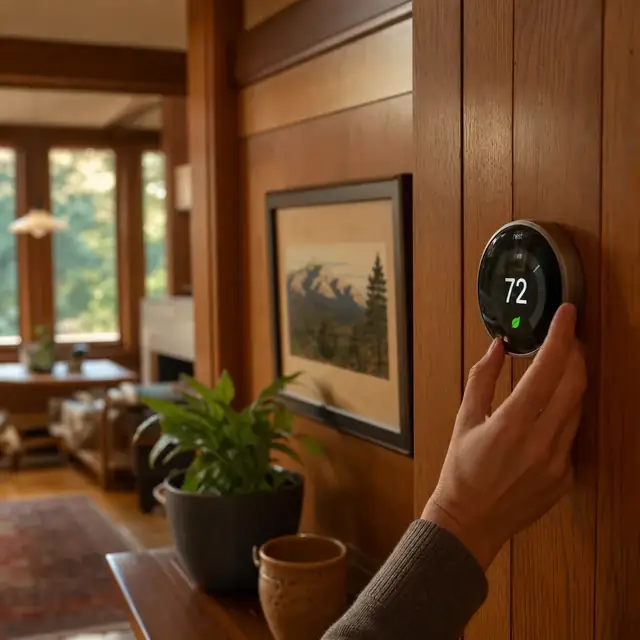 A hand adjusting a wall-mounted thermostat in a living room