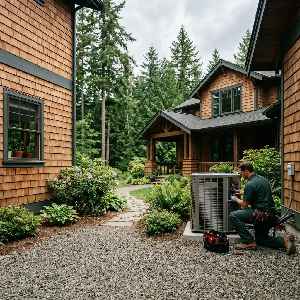A technician servicing an outdoor HVAC unit beside a Pacific Northwest home