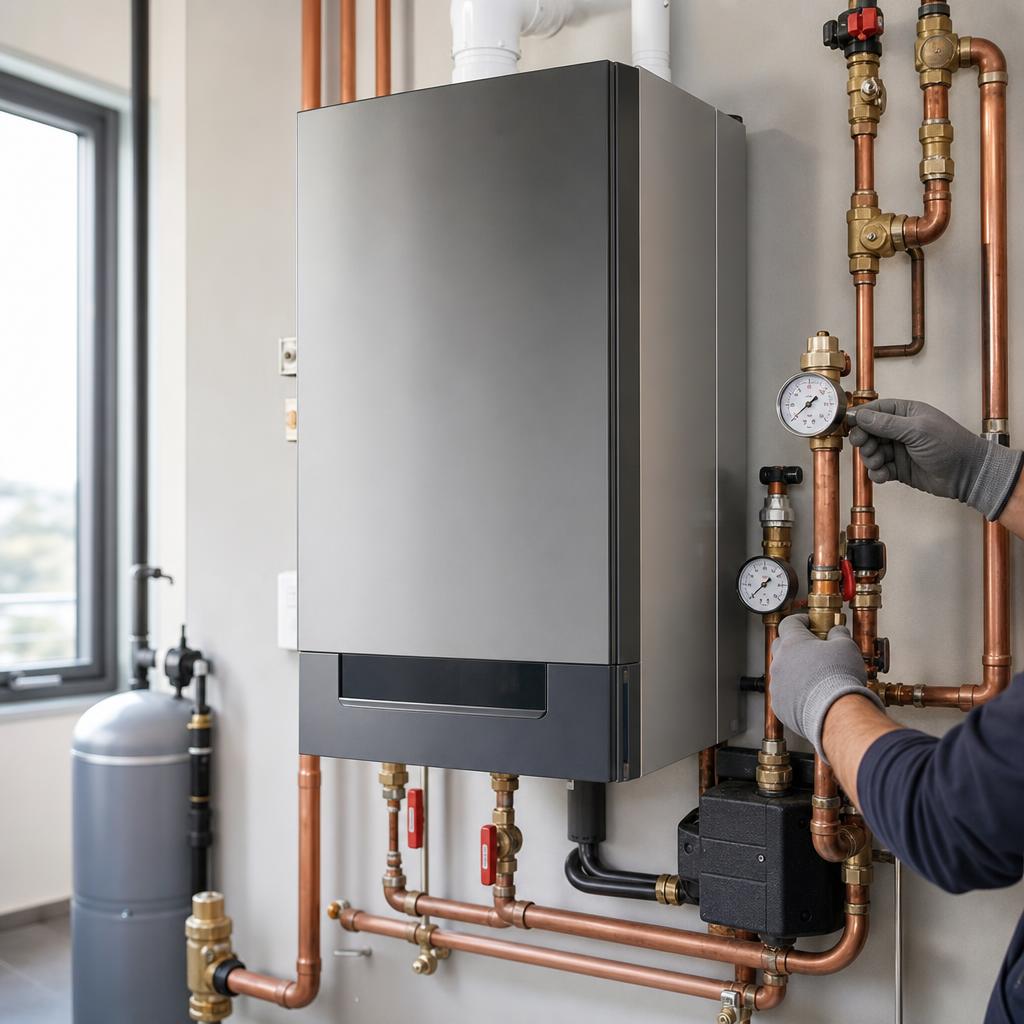 Technician adjusting a pressure valve on a residential boiler system