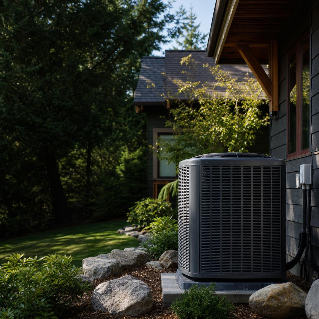 Outdoor heat pump installed beside a Pacific Northwest home