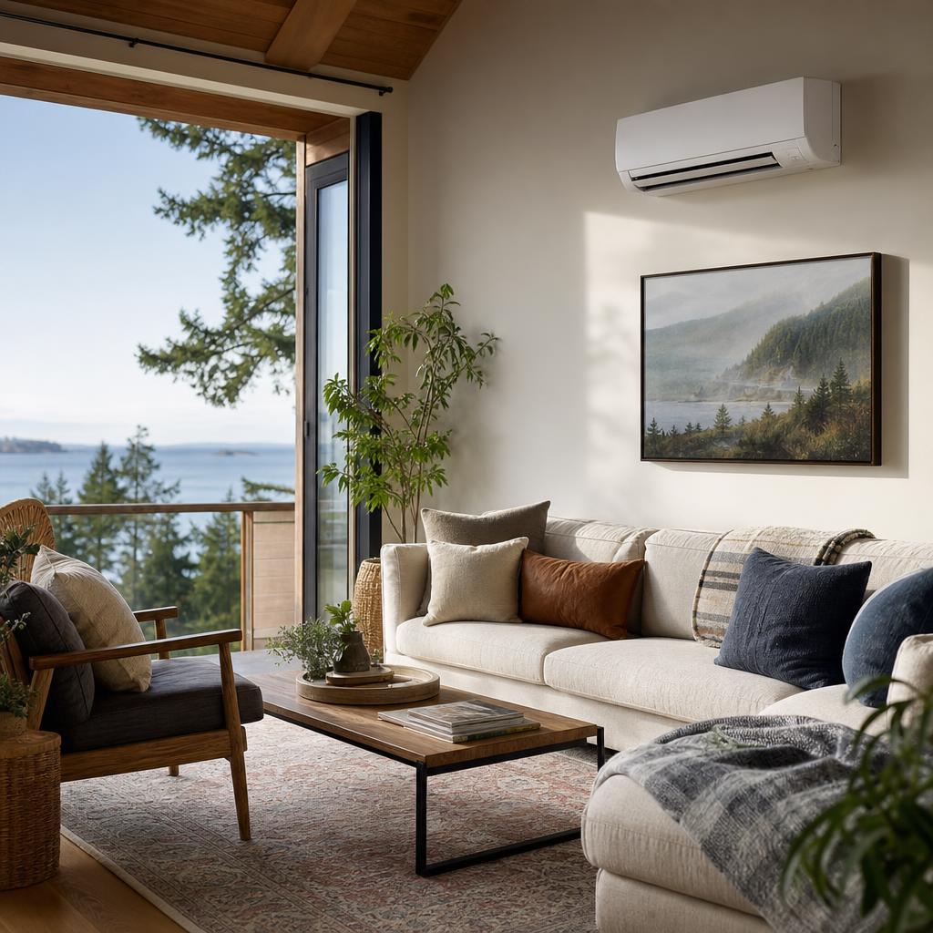 Wall-mounted ductless mini-split in a bright living room