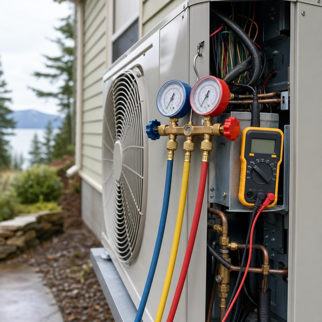 Diagnostic gauges and a multimeter connected to an outdoor heat pump