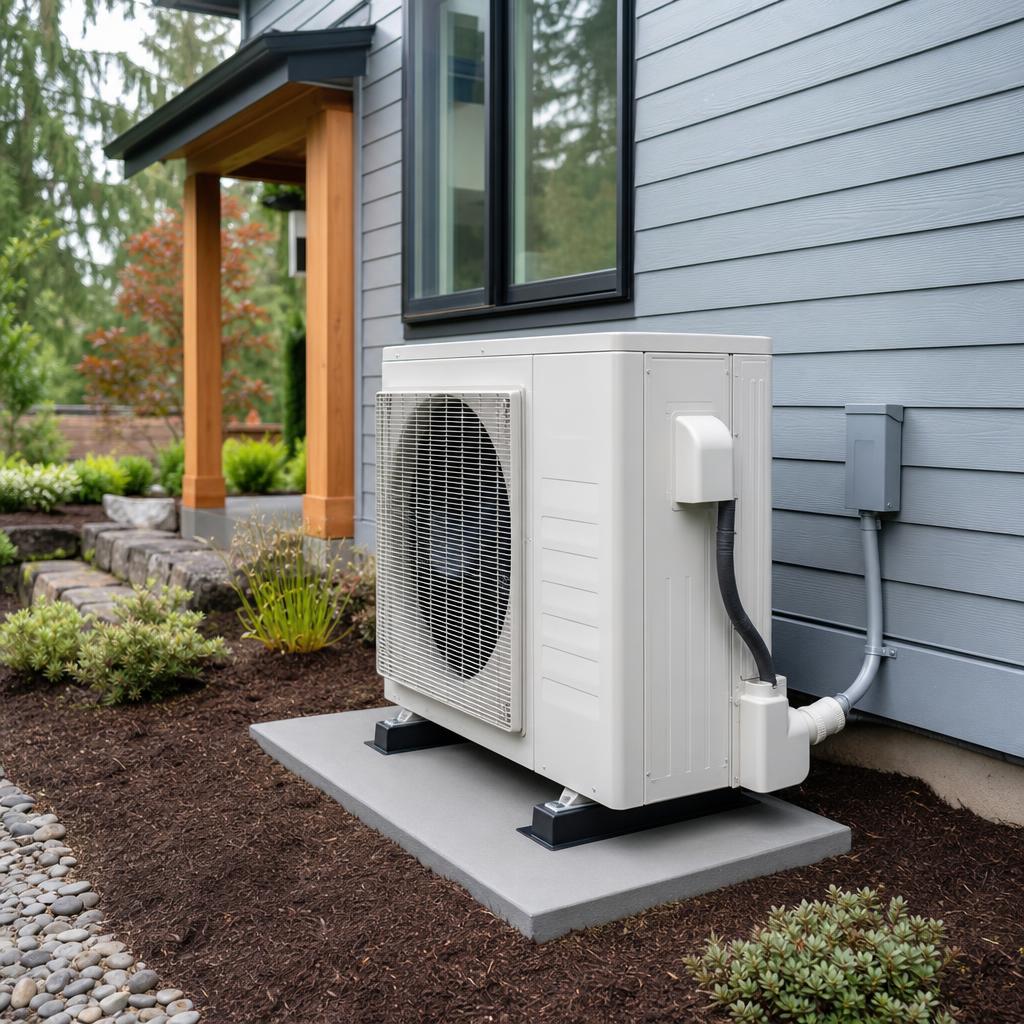 A newly installed high-efficiency outdoor air conditioning system beside a home