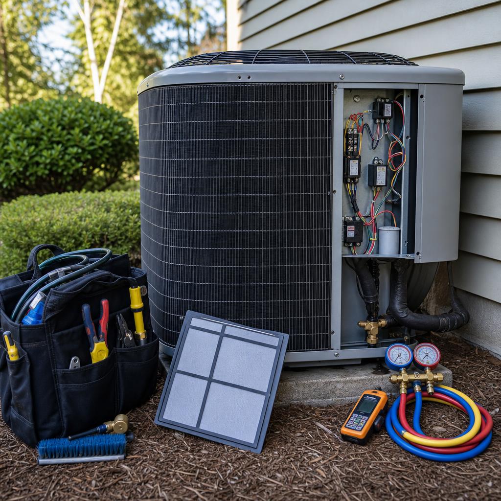An open outdoor air conditioning unit with HVAC maintenance tools and gauges arranged beside it