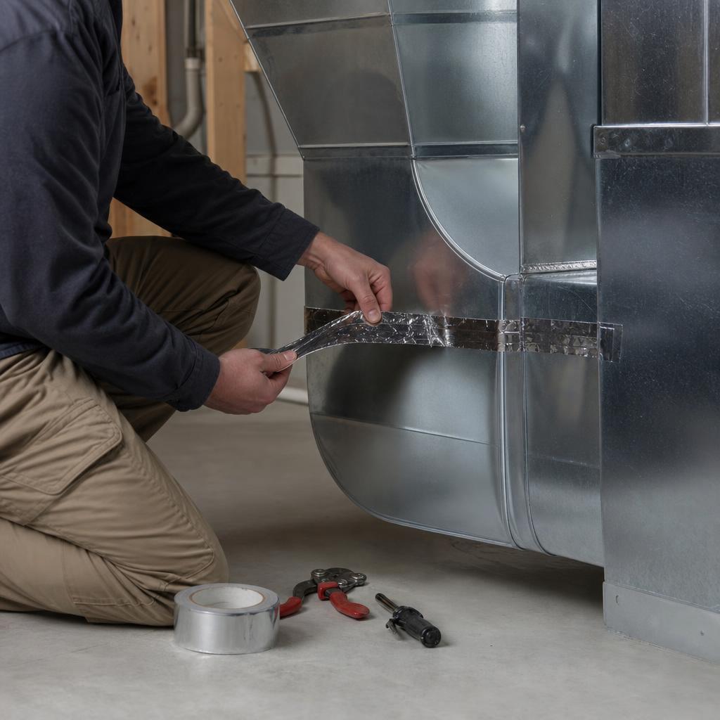 Technician sealing residential metal ductwork