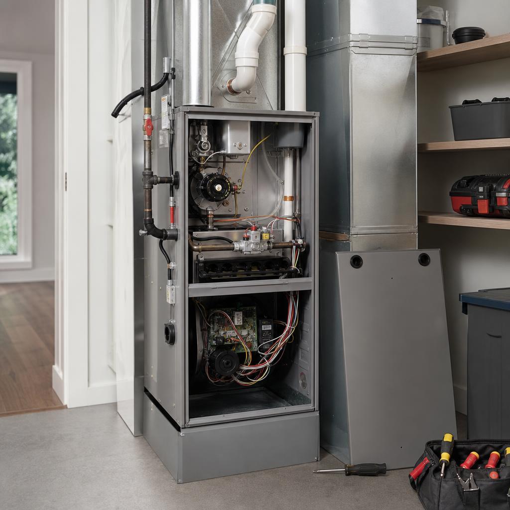 Internal view of a gas furnace with its access panel removed