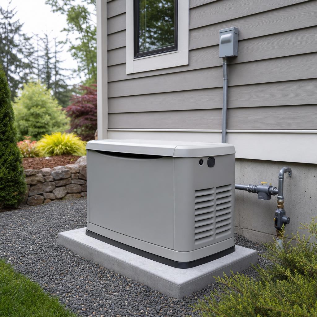 A standby generator installed beside a home