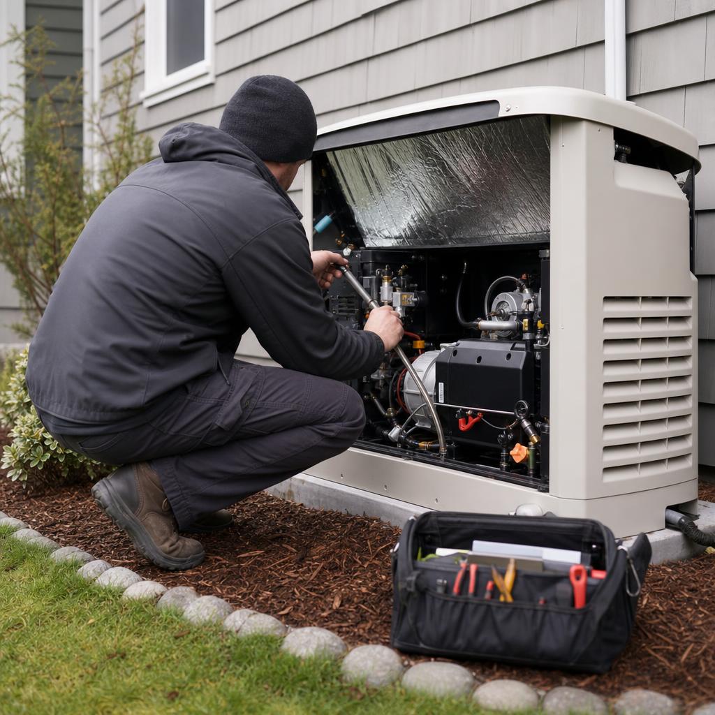 Technician performing standby generator maintenance