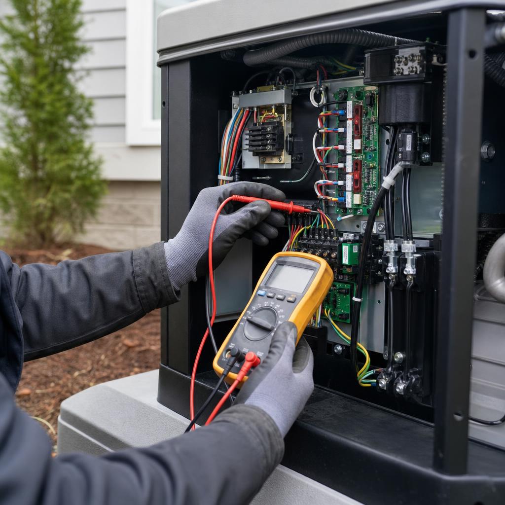 A technician servicing the electrical components inside a standby generator