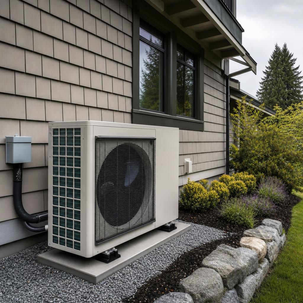 Newly installed air-source heat pump beside a Pacific Northwest home