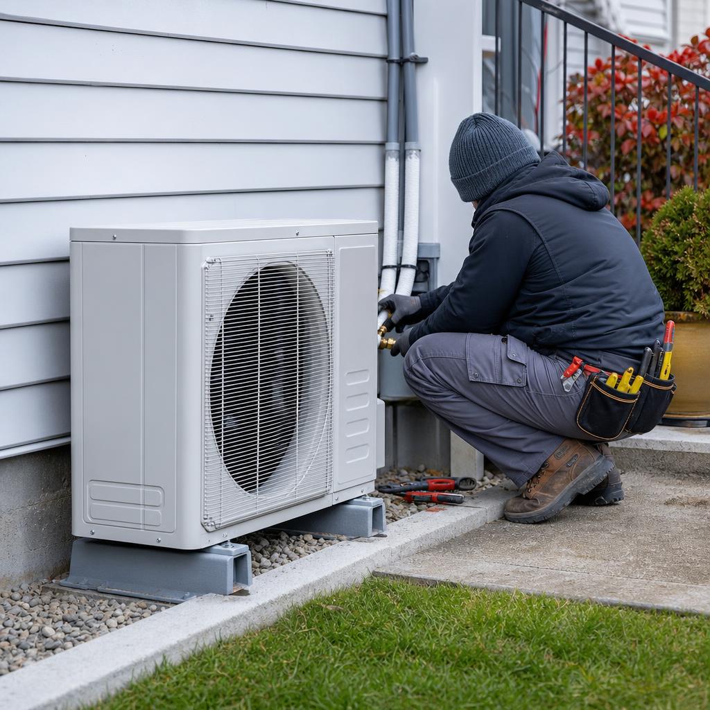 Technician installing an air-source heat pump beside a home