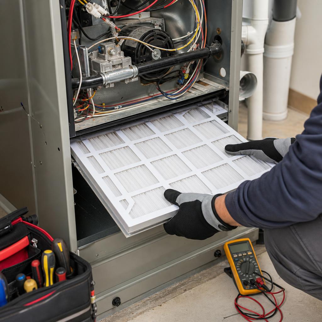 Technician replacing an air filter inside a residential furnace