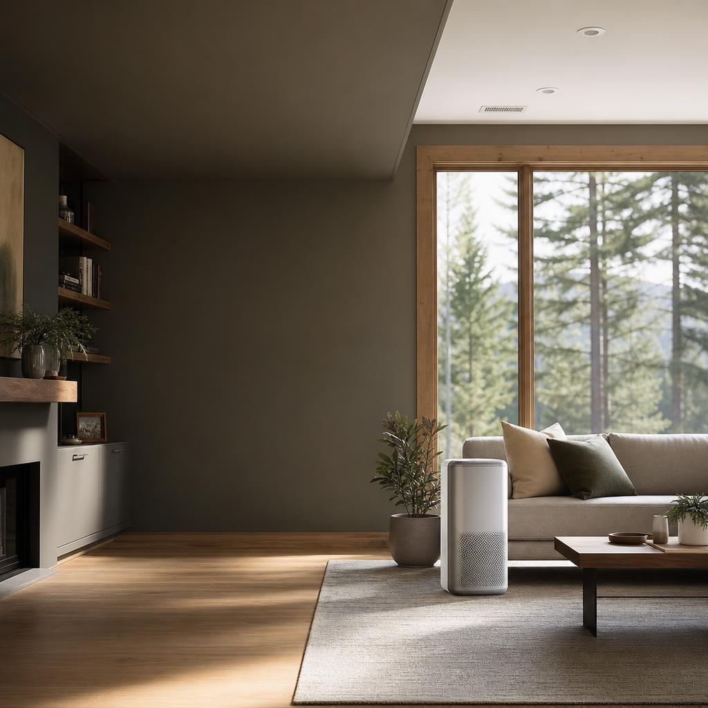 Bright living room with an air purifier and ceiling supply vents