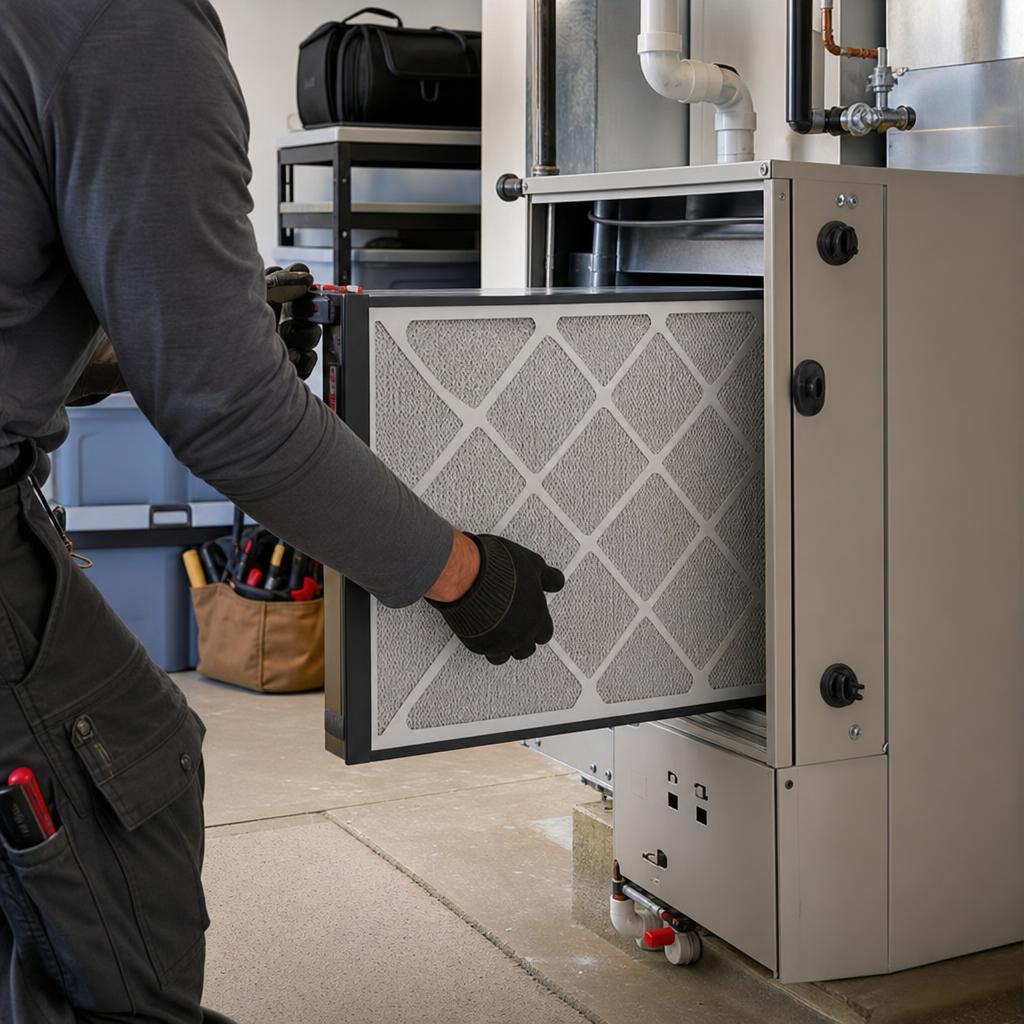 Technician replacing a whole-home media air filter