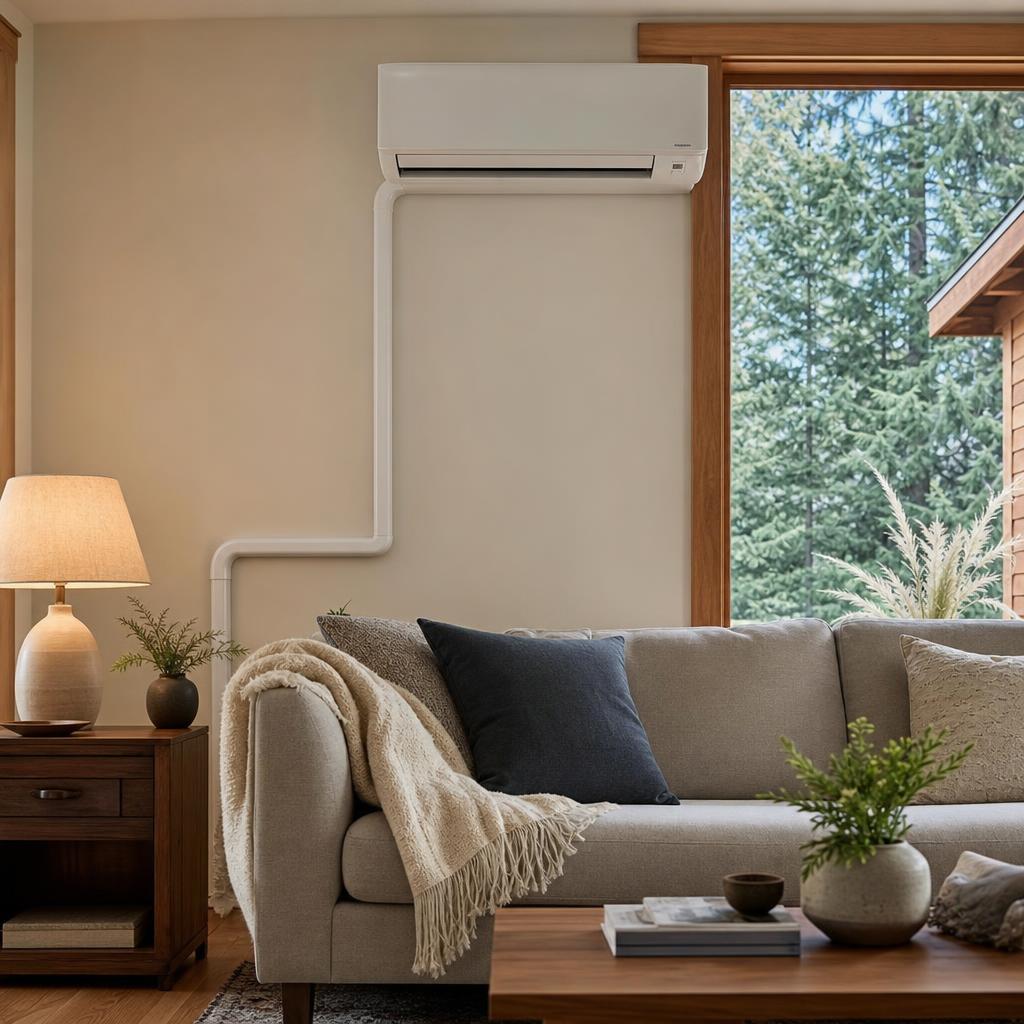 New wall-mounted ductless mini-split in a Pacific Northwest living room