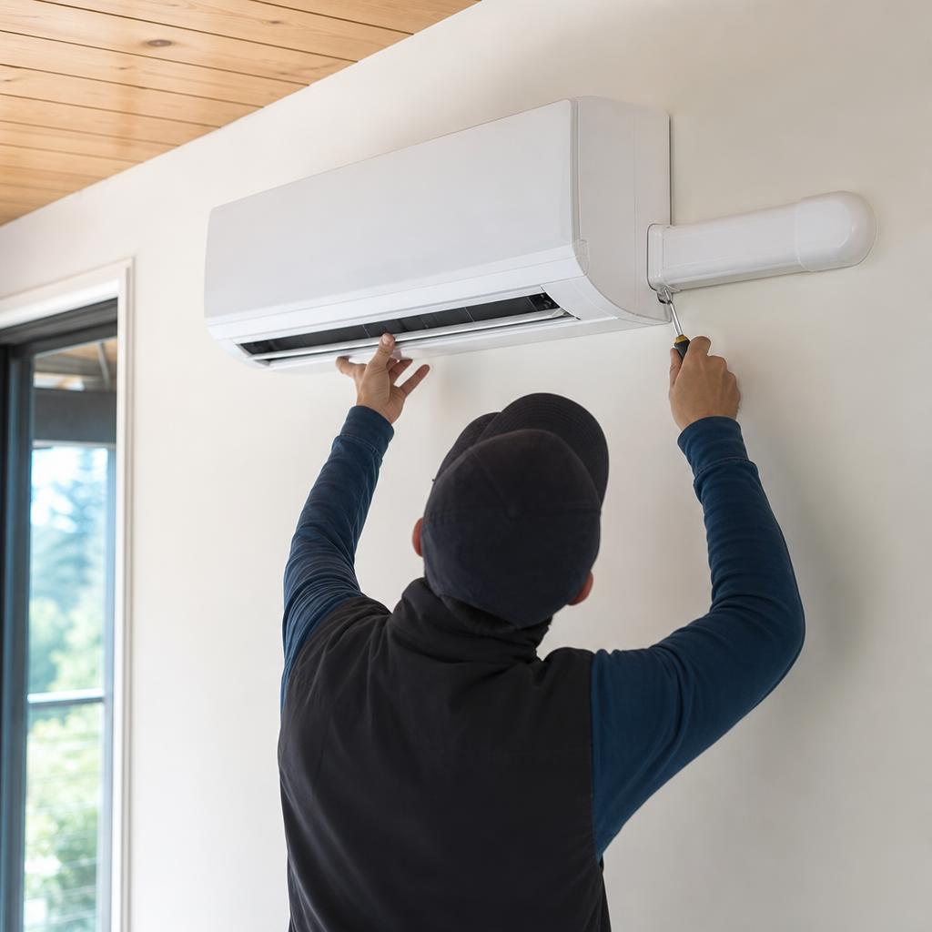 Technician installing a wall-mounted ductless mini-split