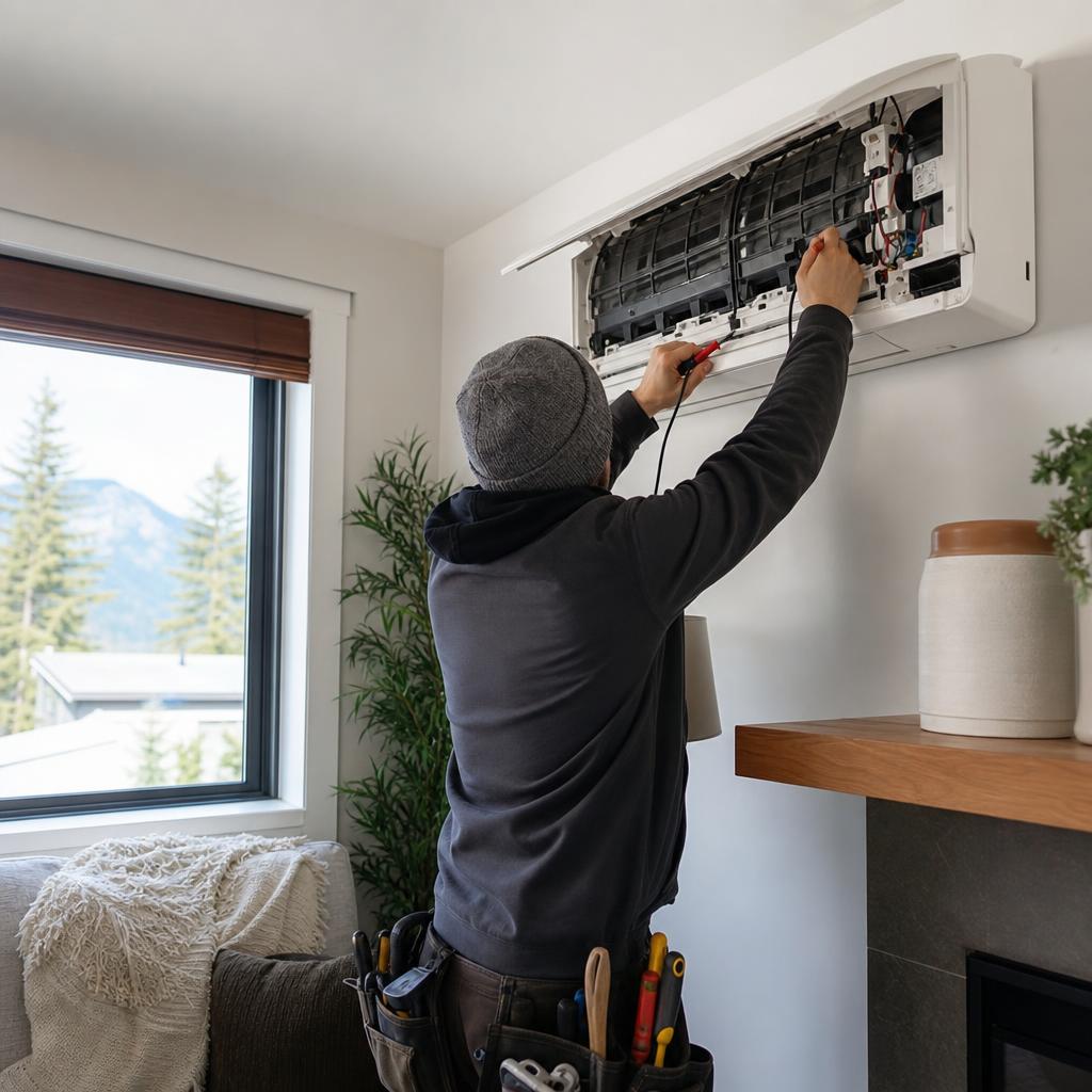 Technician servicing a wall-mounted ductless mini-split
