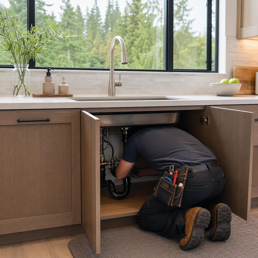 Plumber inspecting pipes beneath a residential kitchen sink